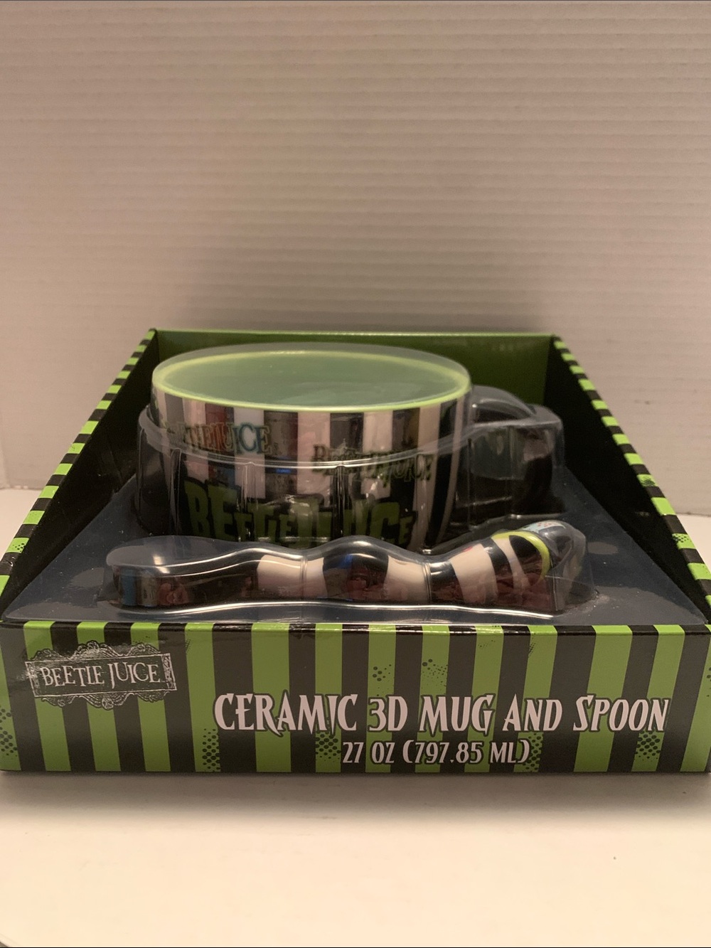 Beetle Juice Ceramic 3D Mug Soup Spoon Set Black White Striped & Green NEW
